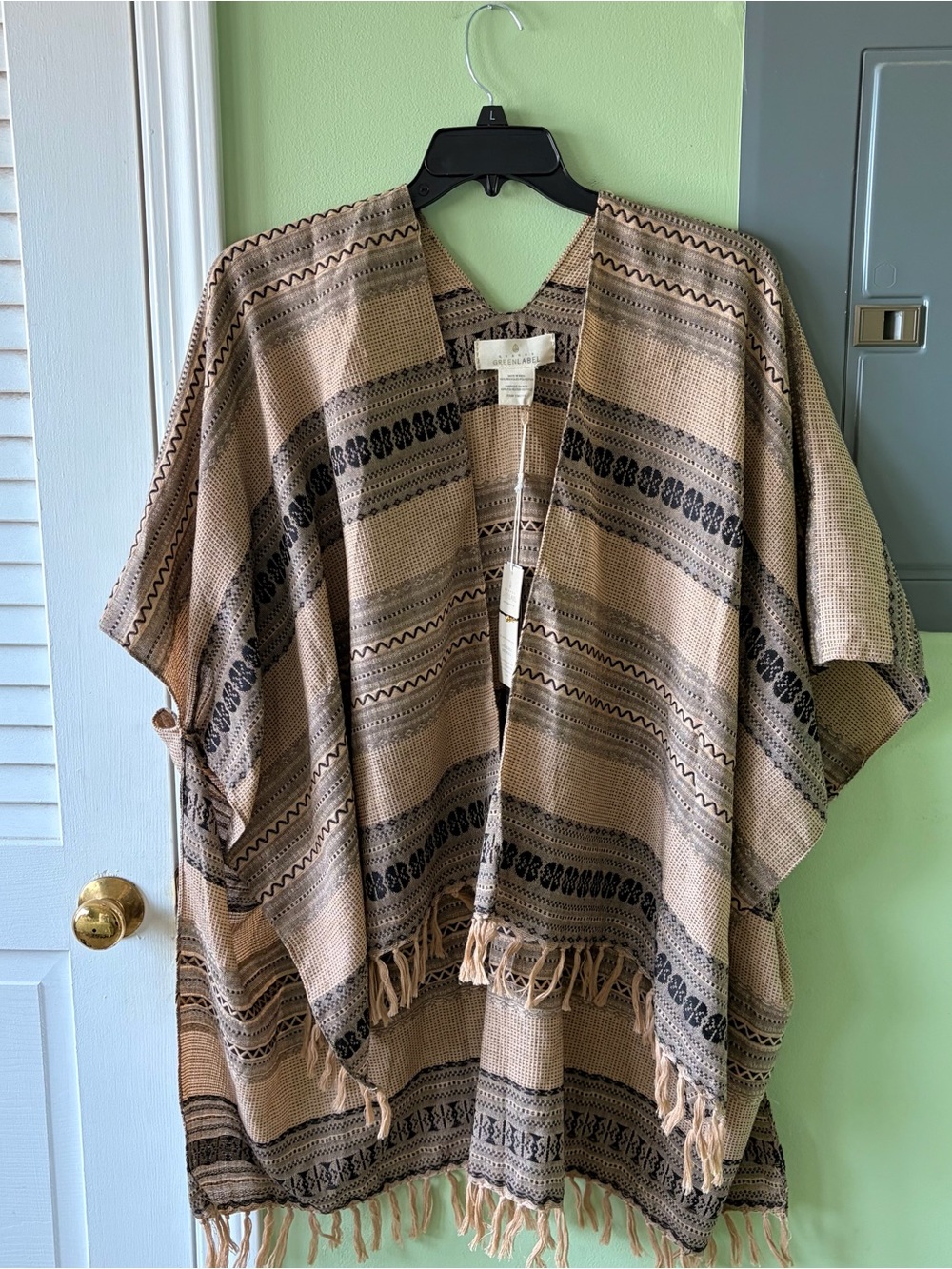Boho Fringe Woven Poncho in Tan & Black by Quagga Green Label One Size Fits All - Picture 9 of 9
